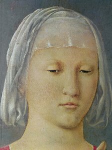 De Maagd en het Kind tussen twee Engelen, bekend als Madonna van Senigallia (detail van het hoofd van de Maagd)